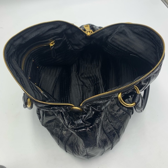Auth Prada Black Patent Leather Whipstitch Tonal Stripe Satchel Lightweight - Picture 10 of 16